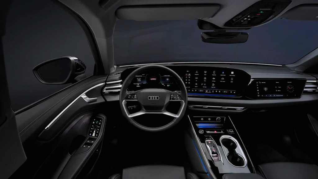 Interior cabin of 2026 Audi Luxury Pickup showing premium design and dual-screen layout