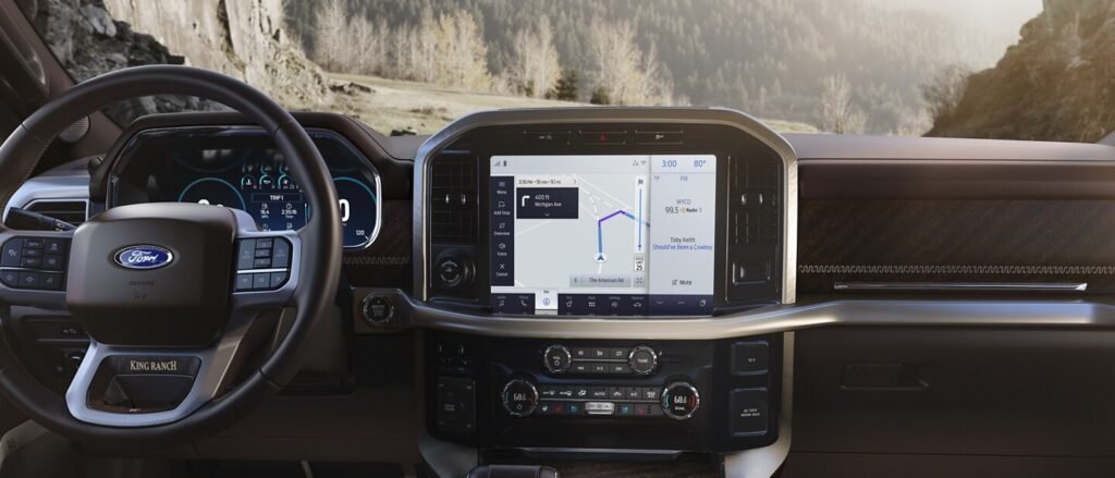 Interior view of 2026 Ford F-150 dashboard displaying SYNC 4 infotainment and BlueCruise interface