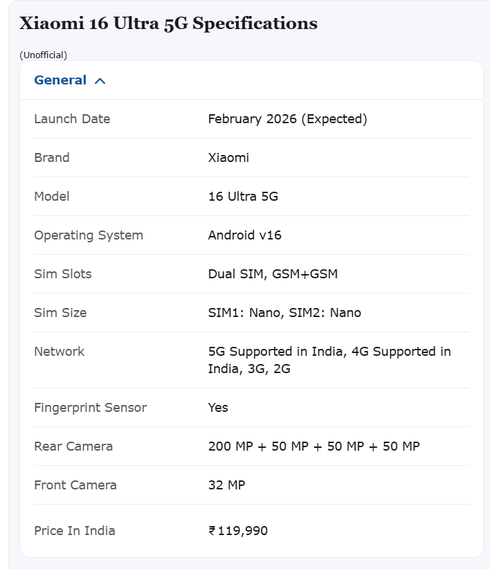 Xiaomi 16 Ultra 6G Specs